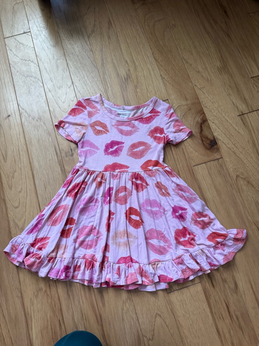 Posh Peanut Pink Lip Print Short Sleeve Twirl Dress